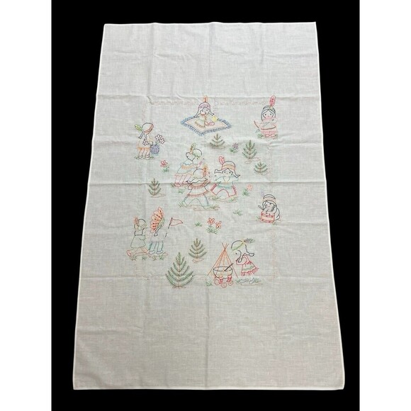 Vintage Hand Embroidered Cross Stitch Tablecloth Children 56” X 34” White Cotton - Picture 2 of 9
